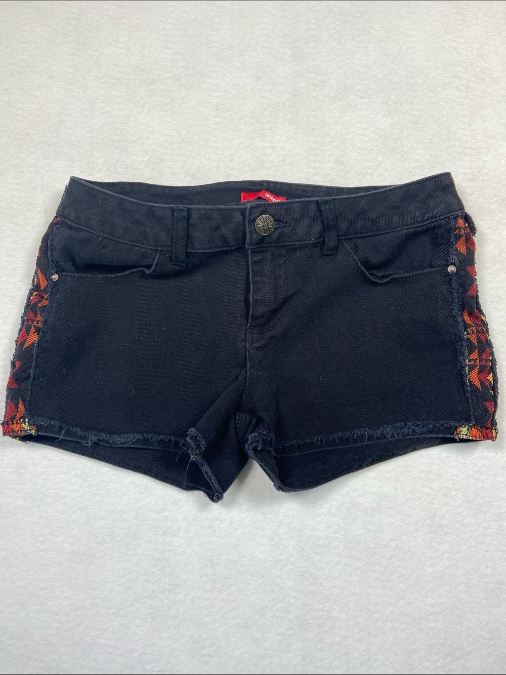 BONGO Black Denim Shorts with Tribal Patterned Side Trim, Size 7‎